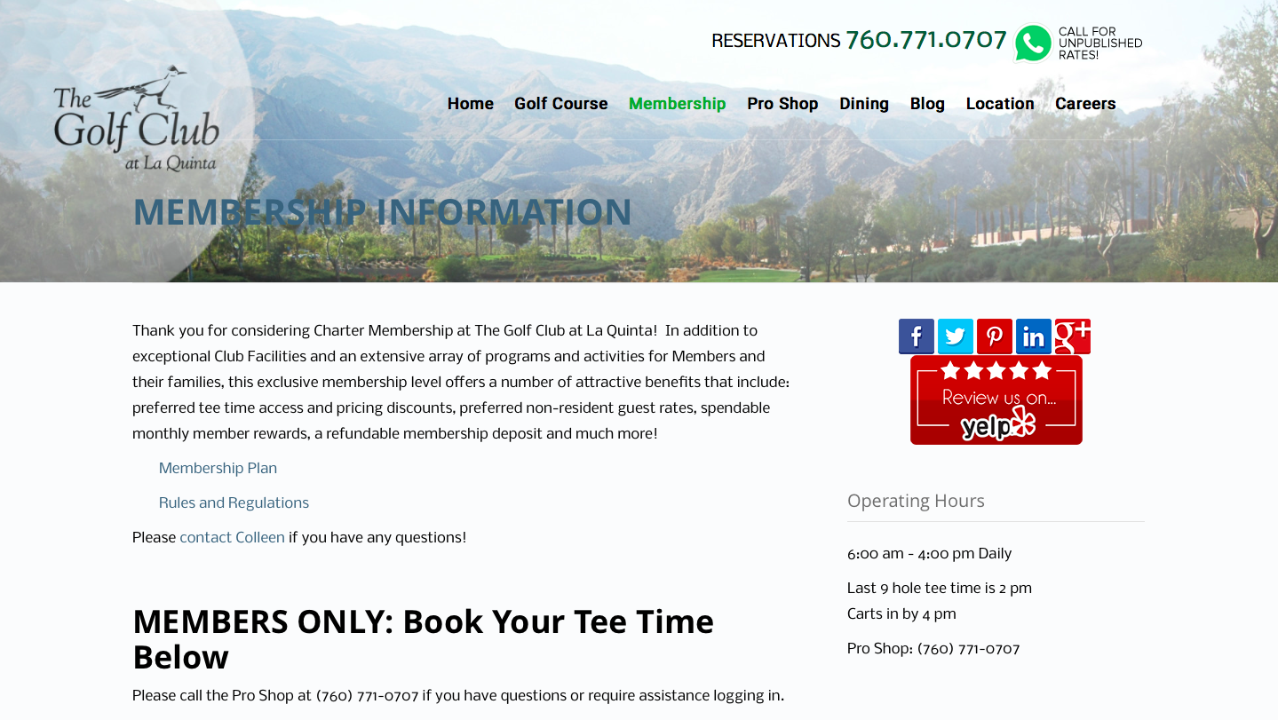 The Golf Club reservations 760-771-0707 call for unpublished rates